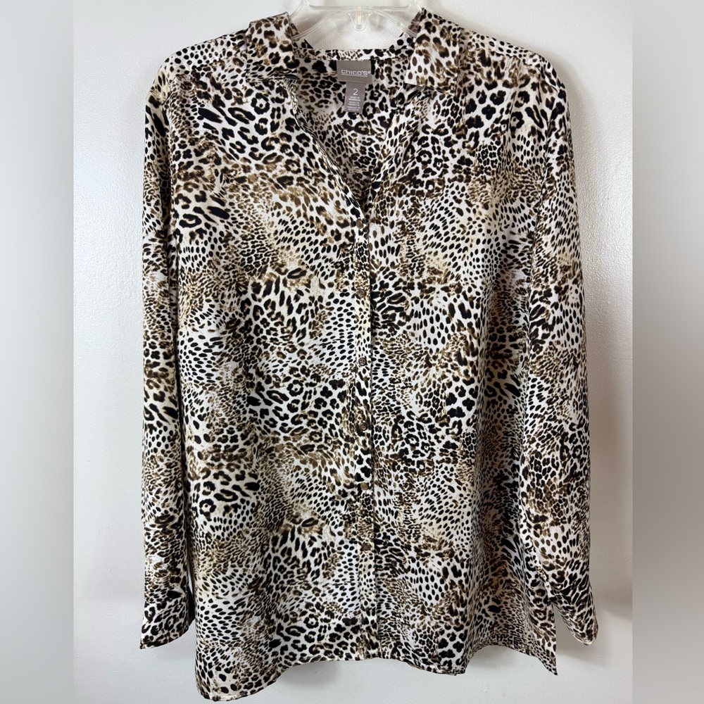 Chicos Button Up Blouse Tunic Animal Print‎ Size 2 Lightweight Fall Office Wear